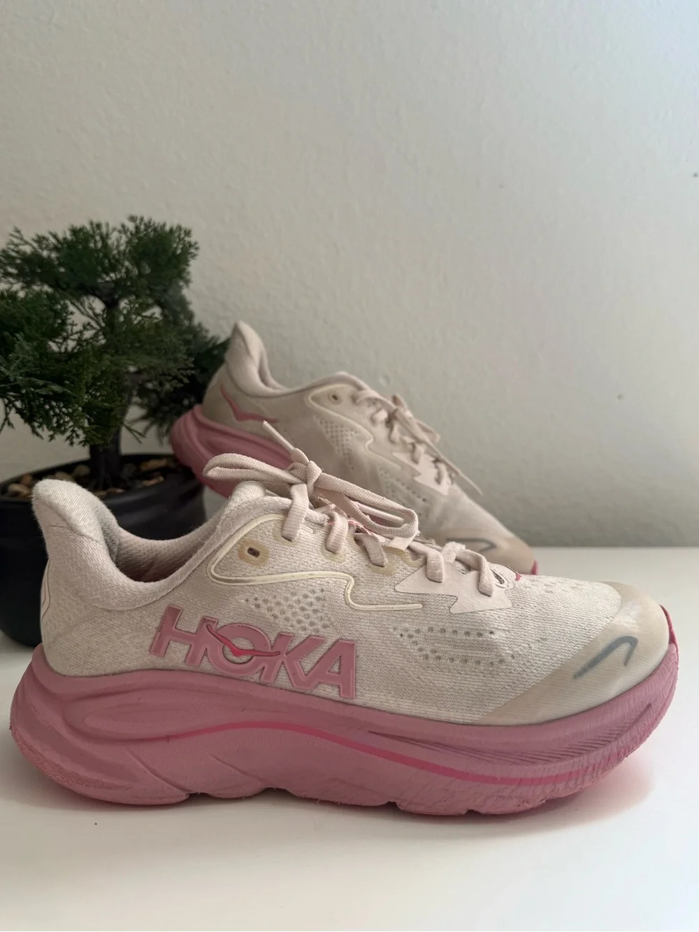 Hoka clifton 10 Women size 5 or big girl 4 Pink and Cream Athletic Sneakers